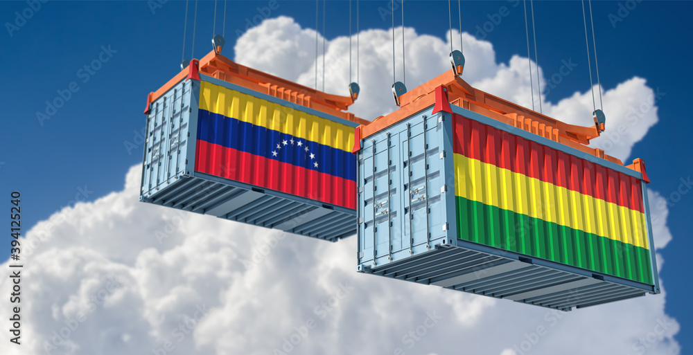 Freight containers with Venezuela and Bolivia national flags. 3D Rendering 