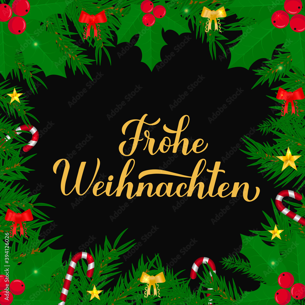 Frohe Weihnachten calligraphy hand lettering with fir tree branches. Merry Christmas typography poster in German. Easy to edit vector template for greeting card, banner, flyer, etc.