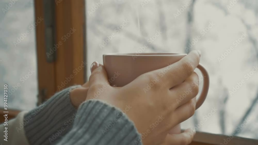 Girl with a cup of cofee near the window, winter Girl with a cup of cofee near the window, winter