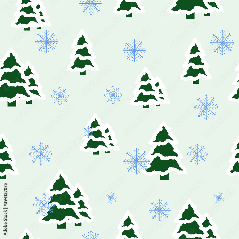 Seamless pattern with snow trees and falling snowflakes. Vector illustration for wrapping paper, background, wallpaper.