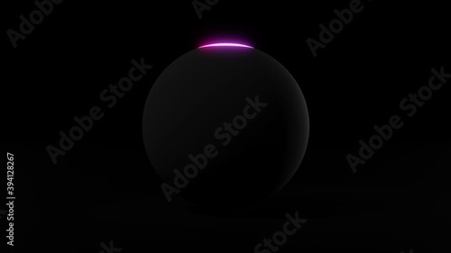 Ring of light traveling up a black sphere. Abstract 3d animation.