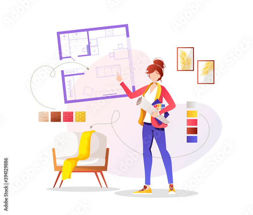 Professional designer with apartment plan, furniture and interior elements. Home furnishing, interior design studio concept. Vector illustration for banner, presentation, advertising, poster.