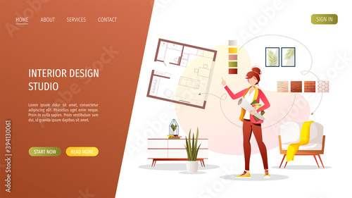 Professional designer with apartment plan, furniture and interior elements. Home furnishing, interior design studio concept. Vector illustration for banner, presentation, advertising, poster, website.