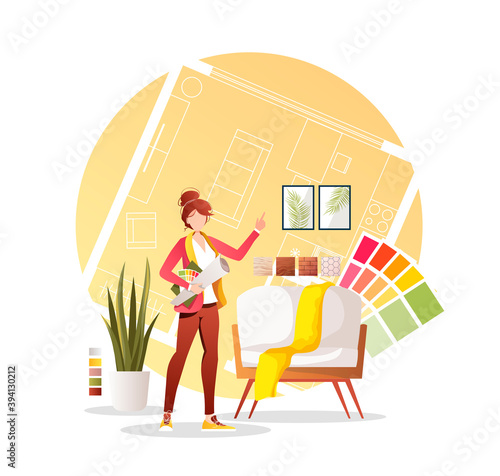 Professional designer with apartment plan, furniture and interior elements. Home furnishing, interior design studio concept. Vector illustration for banner, presentation, advertising, poster.