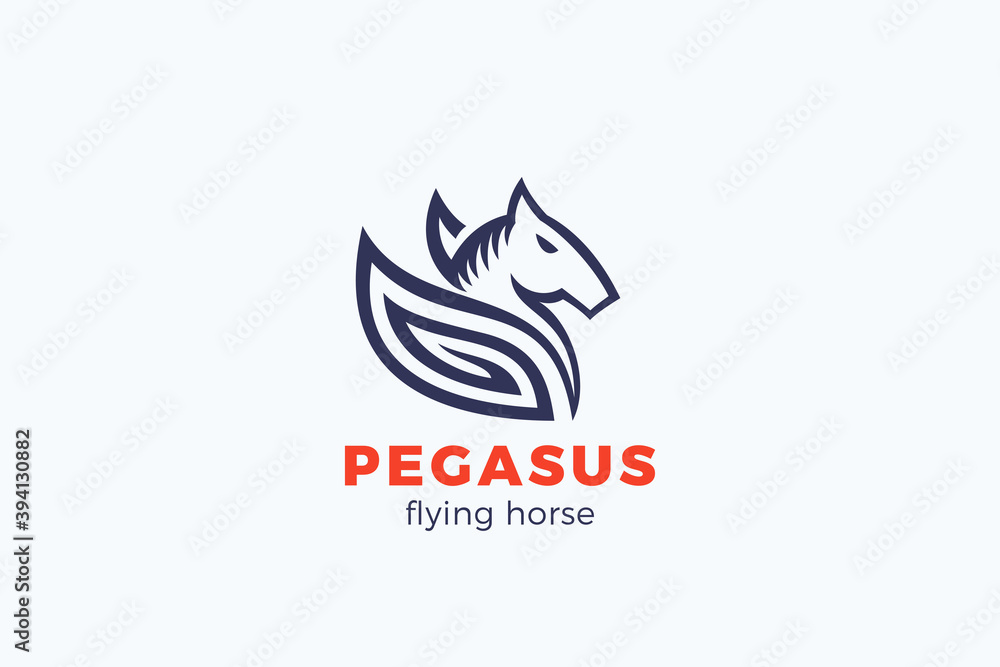Pegasus Wings Horse Logo Abstract design vector template Elegant Tattoo style. Equestrian Logotype concept icon.