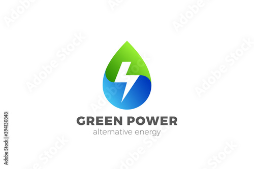 Alternative Green Energy Flash Logo Water Droplet design vector template. Aqua Liquid Oil Drop Logotype concept icon.