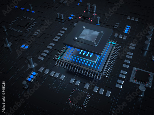 Glowing computer chip and CPU motherboard technology circuit board