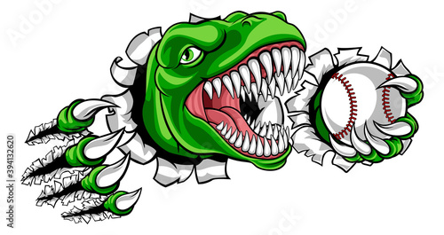 A dinosaur T Rex or raptor baseball player cartoon animal sports mascot holding a ball in its claw