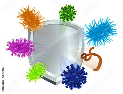 A shield deflecting bacteria or virus cells. Medical concept for immunization protection from a vaccine vaccination, herd immunity or other.