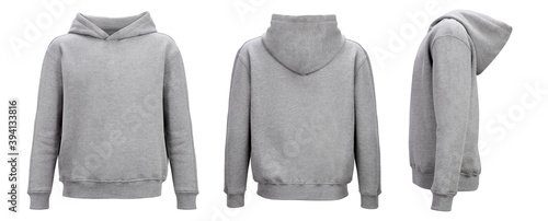 Grey hoodie template. Hoodie sweatshirt long sleeve with clipping path, hoody for design mockup for print, isolated on white background. photo