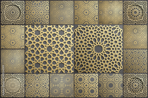 Gold islamic art 3d pattern set. Pattern islamic motif. Ramadan kareem vector. Design ornament ottoman muslim circle. 3D eid background.
