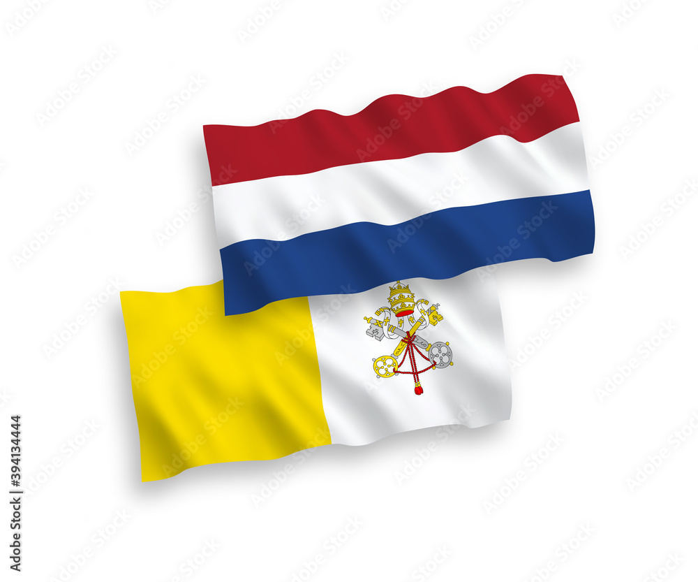 National vector fabric wave flags of Vatican and Netherlands isolated on white background. 1 to 2 proportion. National vector fabric wave flags of Vatican and Netherlands isolated on white background. 1 to 2 proportion.
