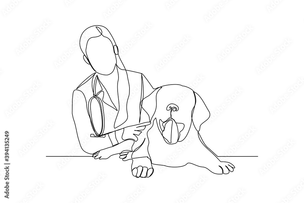 Continuous line drawing of young female veterinarian examining and take