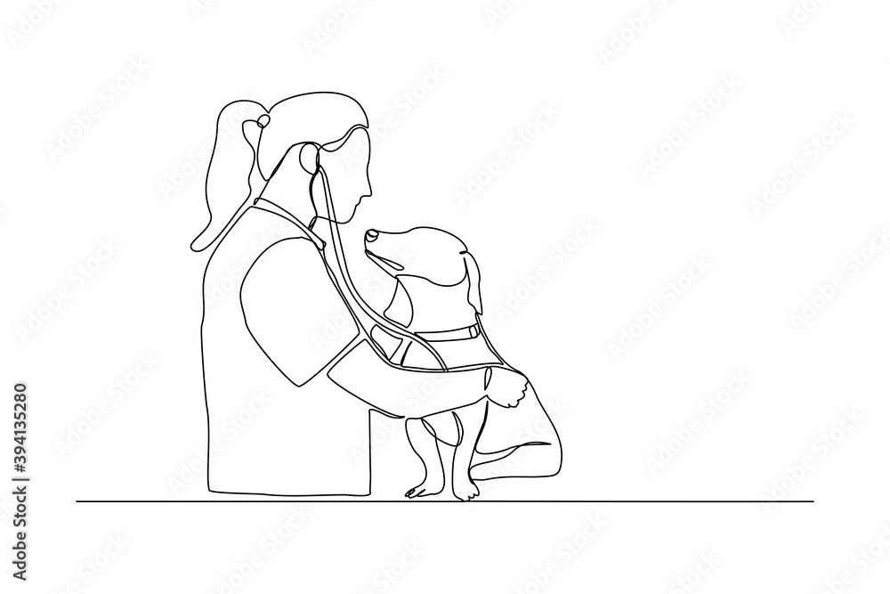 Vetor de Continuous line drawing of young female veterinarian examining