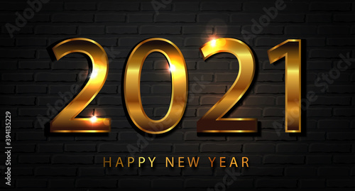 New year composition happy new year 2021, gold-colored numbers on a dark brick wall