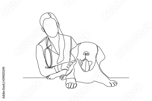 Continuous line drawing of young female veterinarian examining and take care of a sick dog. One line art concept of et health care service. Vector illustration