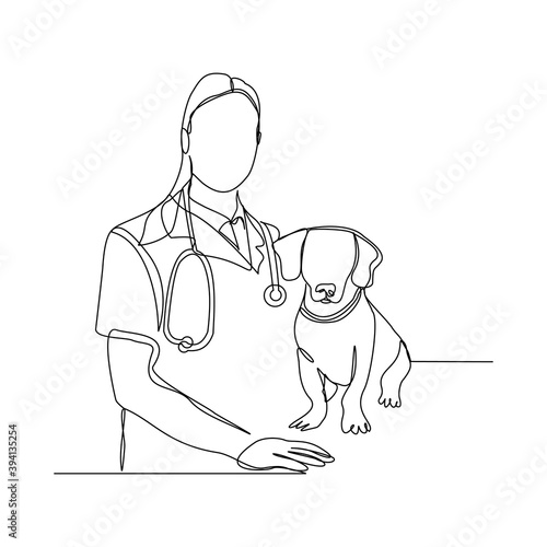 Continuous line drawing of young female veterinarian examining and take care of a sick dog. One line art concept of et health care service. Vector illustration