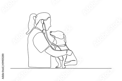 Continuous line drawing of young female veterinarian examining and take care of a sick dog. One line art concept of et health care service. Vector illustration