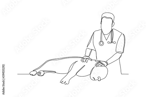  Continuous line drawing of young male veterinarian examining and take care of a sick dog. One line art concept of et health care service. Vector illustration