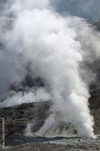 Mutnovsky volcano. Steaming fumaroles in the crater of the active volcano