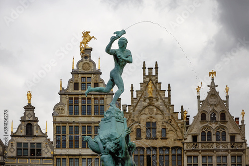 Brabo fountain and traditional flemish architecture at Grote Markt square in Antwerp in Belgium.