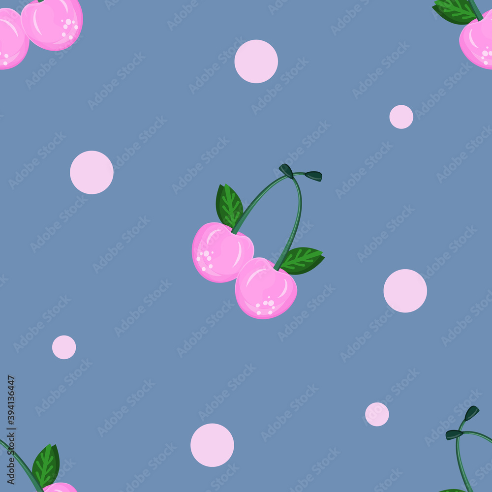 Fototapeta premium Seamless pattern with cherries and circles. Pink cherry or cherry berries in an endless pattern. Vector illustration..