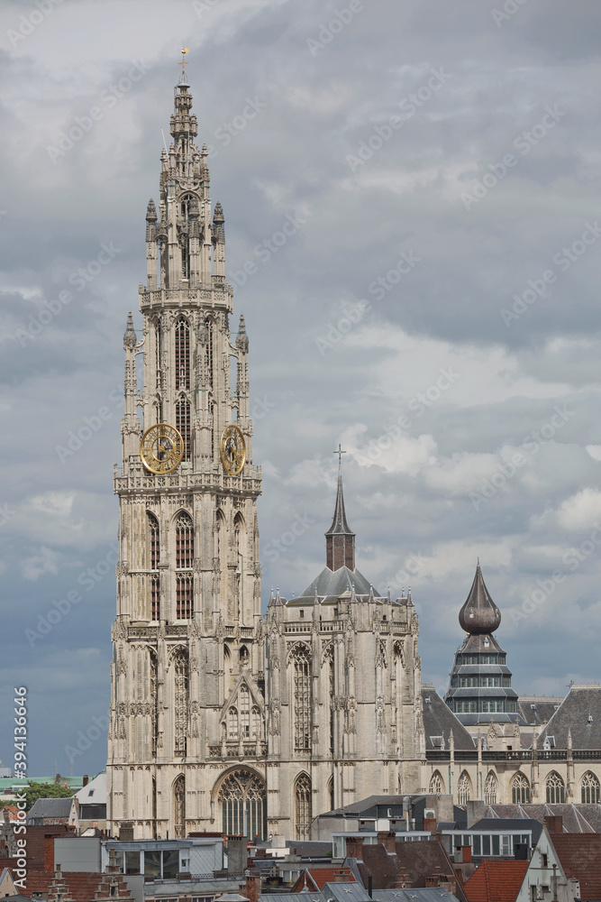 Cityscape and a cathedral of our lady in Antwerp Belgium
