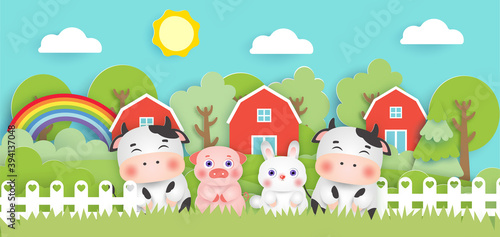 Scene with cute farm animals in the farm  paper cut style.