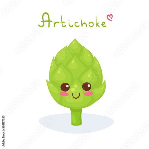 Kawaii vector illustration of Artichoke character. Healthy food character isolated on white background with lettering. Use for children menu, print, smoothie, juice package. Green vegetable mascot.