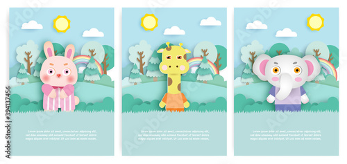 Set of birthday cards with cute rabbit , giraffe and elephant in the forest in paper cut style.