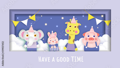 baby shower cards with cute animals party in the sky .paper cut style.