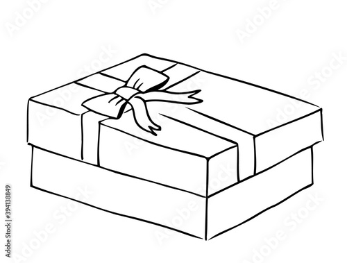 Gift box rectangular. Tied with ribbon, with a ribbon bow on the lid on top.Contour drawing by hand, vector.
