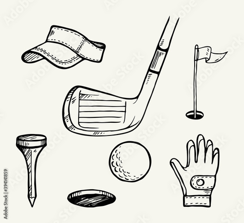 Golf set with basket, shoes, ball, gloves, flag. Vector set of hand-drawn sports equipment. Illustration in sketch style on white background