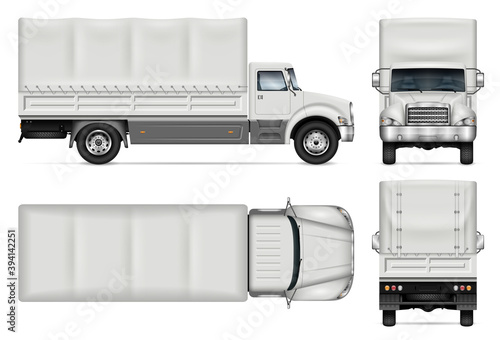 Truck with awning vector mockup on white for vehicle branding, corporate identity. View from side, front, back, top. All elements in the groups on separate layers for easy editing and recolor.