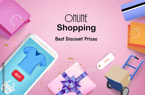 Trolley with gift box and smartphone for online shopping	