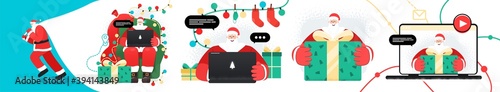 Set of Santa Claus character design with gifts and garlands. Santa working with laptop. Takes orders, greeting online, checks mail,  teaches, works or Answering on children's requests via laptop.