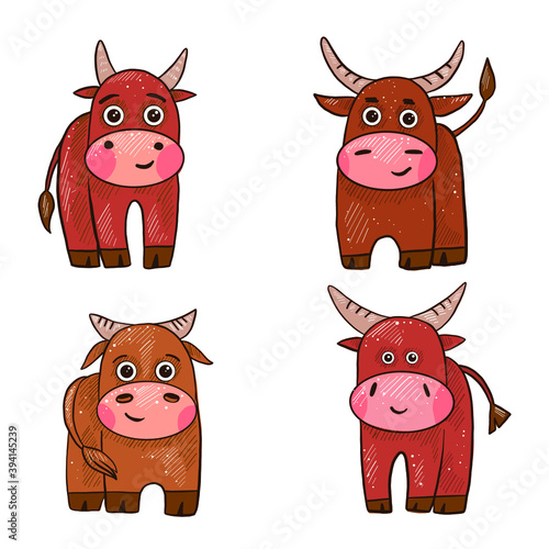 Bull vector sticker set for the new year. Bison or buffalo Symbols of the year. Different animal poses according to the Chinese calendar