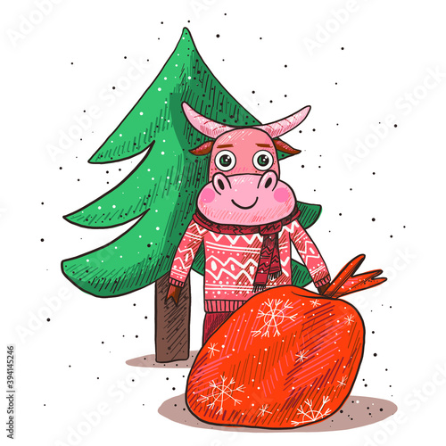 New Year card with a bull and a bag of gifts at the Christmas tree. Congratulations to the holiday, joyful drawn bull