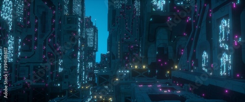 Neon cyberpunk city. Futuristic cityscape. City of a future with huge futuristic skyscrapers glowing with neon lights. Photorealistic 3D illustration. Urban wallpaper.