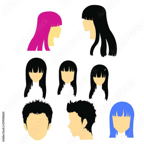 Flat vector set of women and man s heads. Elements for the poster of a hairdressing salon.