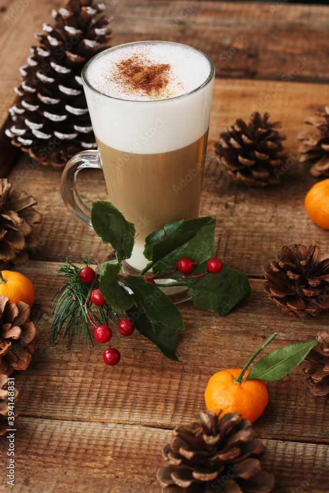 Coffee latte with cinnamon on Christmas background Coffee latte with cinnamon on Christmas background