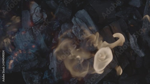 Extreme zoom of a fire ignites and breaks out from the coals while grilling meat on the street. Elements and fire concept