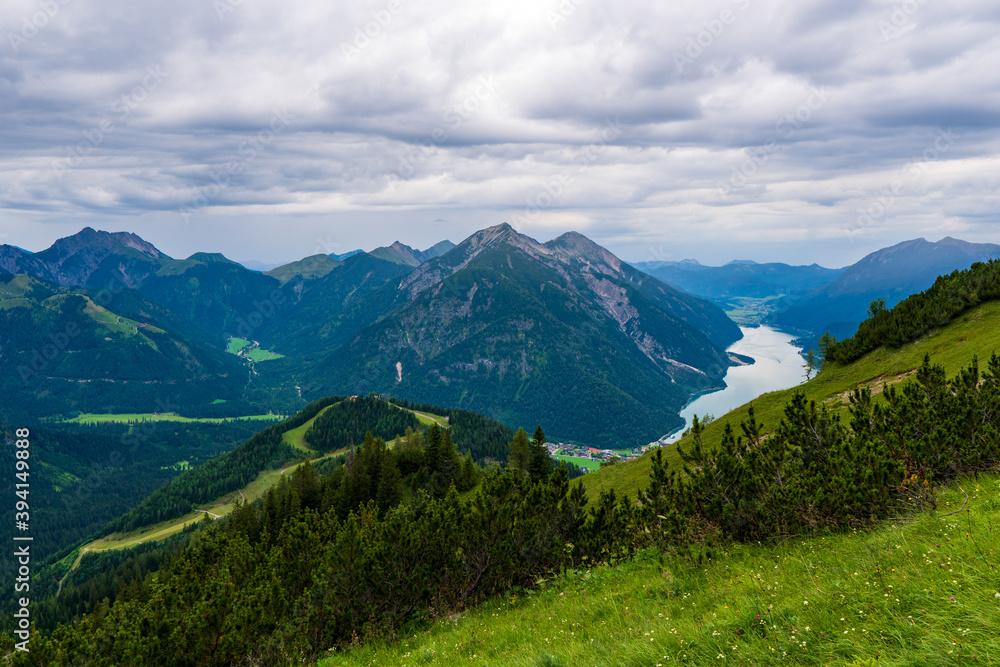 Beautiful alpine far view of the Achensee at the famous Rofan summit, Maurach, Achensee, Pertisau, Tyrol, Austria