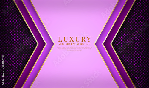Abstract purple luxury background with cool golden lines style. Overlap layers on dark space with glitter dots decoration. Modern graphic template elements for banner, flyer, card, cover, or brochure