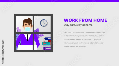 Home office. Man with coronavirus mask working at home. Vector