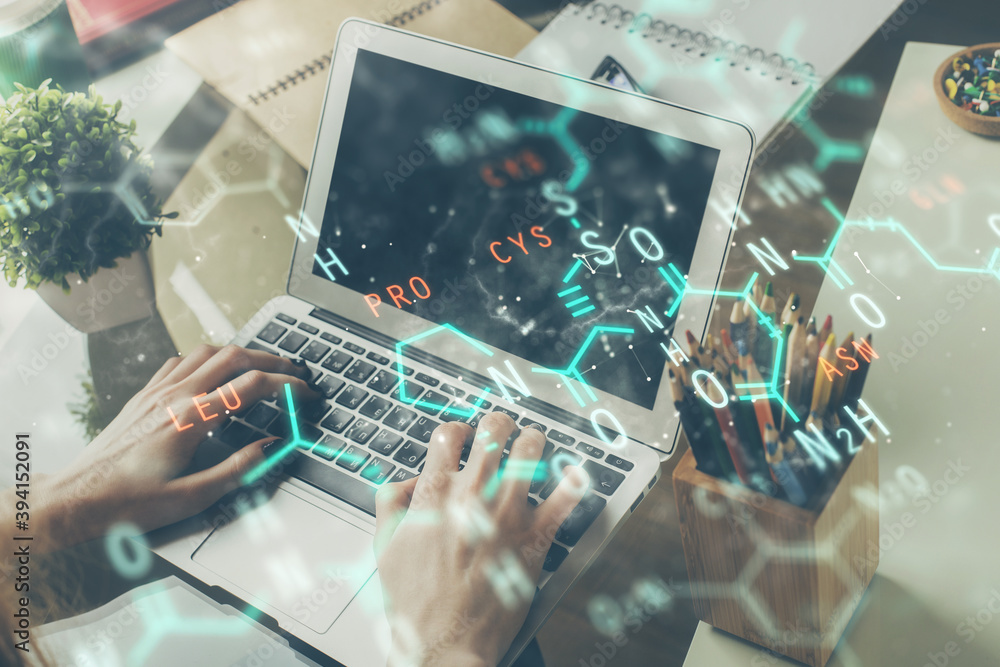 Fototapeta premium Science formula hologram with man working on computer on background. Education concept. Double exposure.