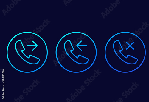 phone call, incoming, outgoing, missed line vector icons
