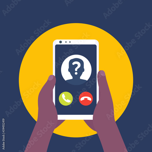 unknown caller, phone call, smartphone in hands vector icon