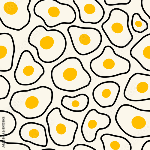 Fried Eggs. Sunny side up. Various shapes. Doodle cartoon style. Hand drawn Trendy Vector illustration. Square Seamless pattern. Background, Wallpaper, wrapping paper, poster template