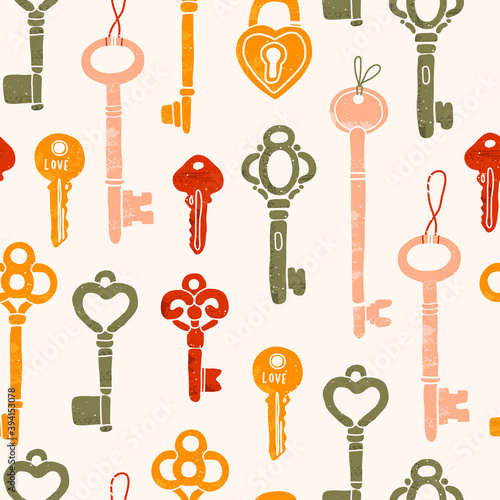 Hand drawn Vector Keys. Various vintage, antique and modern Keys. Different types, sizes. Square Seamless pattern. Background, Wallpaper, wrapping paper, poster template